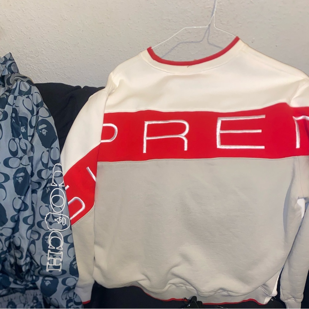 Supreme Red and White Crewneck Sweater